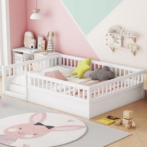 Montessori Full Size Bed with Fence & Open Door, White