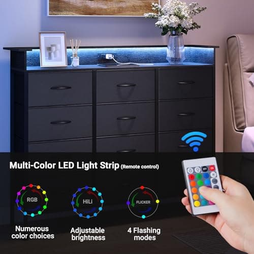 Elyken 50" Black Dresser with 12 Drawers & Charging Station