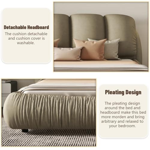 Luxury Upholstered Queen Size Platform Bed, Stone Gray Velvet