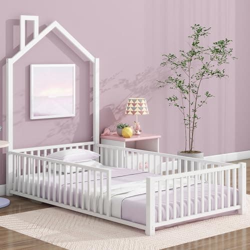 Full Size Metal Montessori Bed with Guardrail, White