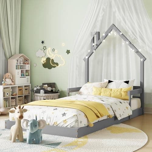 Grey House-Shaped Twin Bed Frame for Kids,No Box Spring Needed