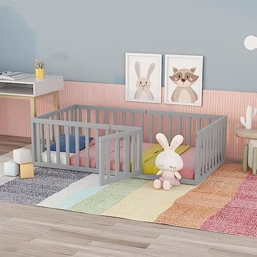 Montessori Floor Bed for Kids in Queen Size, Walnut Wood Frame with Fence and Door