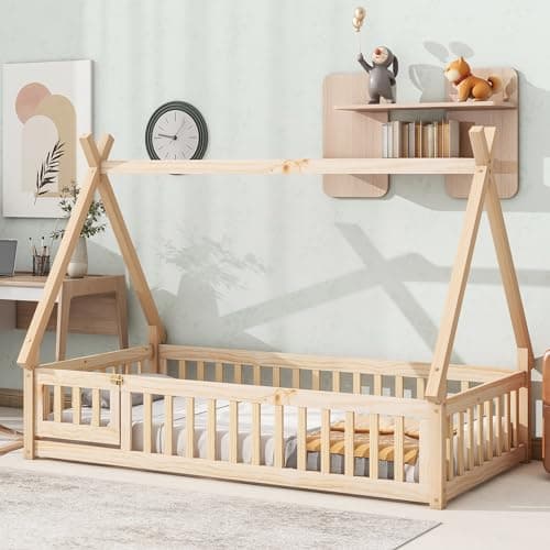 Pine Wood Twin Floor Bed with Safety Guardrail & House Headboard for Kids