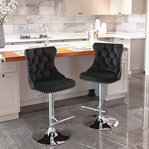 Modern Black Velvet Bar Stool Set with High Back & Nailheads Trim for Home Bar & Kitchen Island