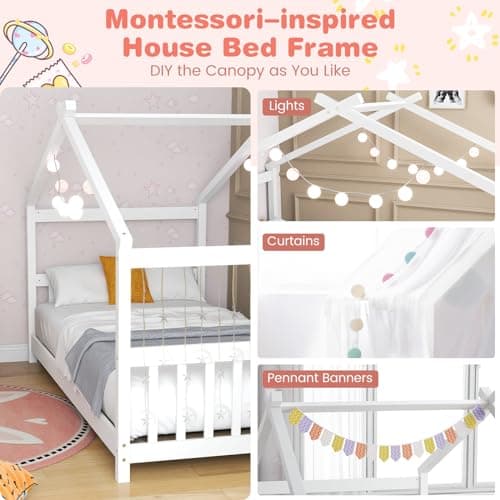 KOMFOTT Twin Wood House Bed for Kids, White, No Box Spring Needed