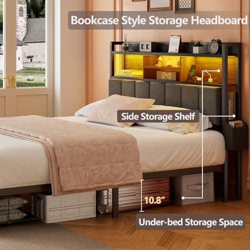 Furnulem Full Size Bed Frame with Storage & Charging, LED Lights, Black
