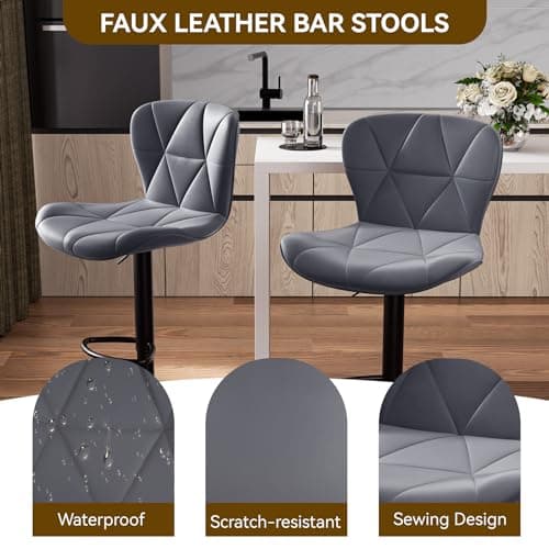 Dark Grey Adjustable Faux Leather Bar Stools, Counter Height Swivel Chairs with Back for Kitchen Island