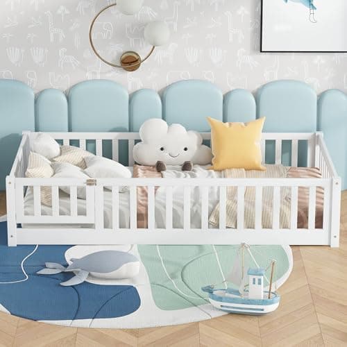 Twin Size Montessori Floor Bed with Door & Safety Guardrails, Solid White
