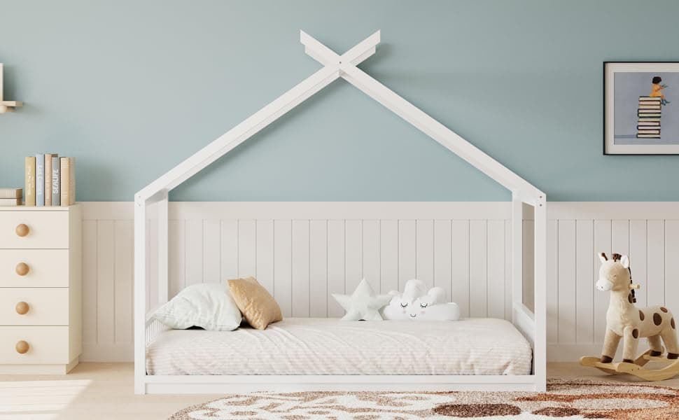 Montessori Twin Size Floor Bed with Fence, White