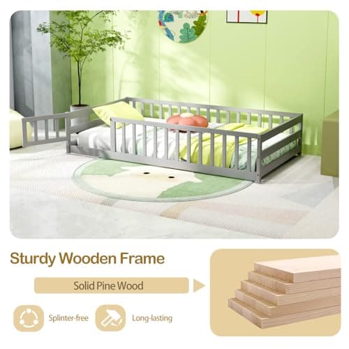 KOMFOTT Grey Twin Size Wooden Montessori Floor Bed with Safety Guardrails & Door
