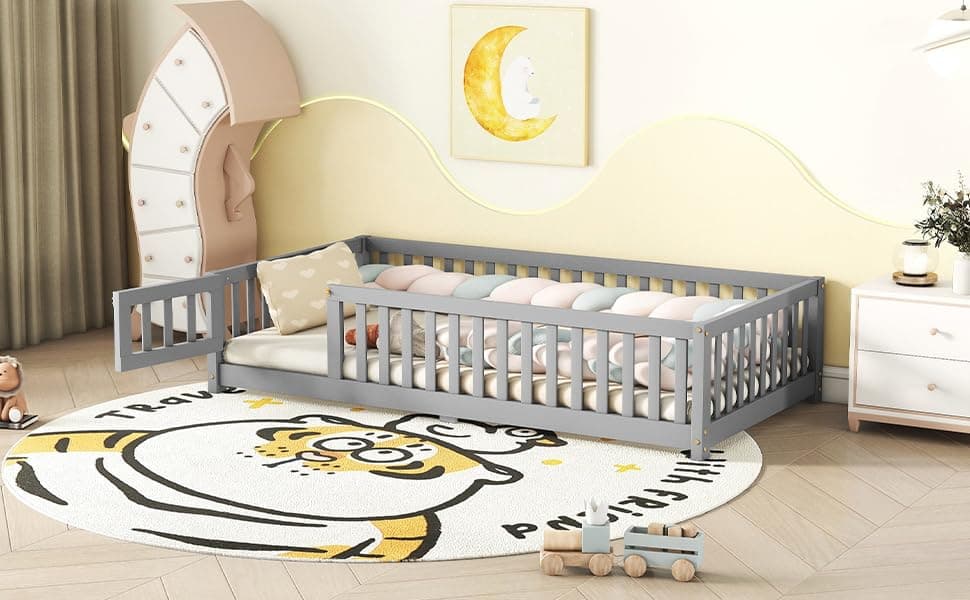 Montessori Wooden Floor Bed Frame with Fence & Headboard, White