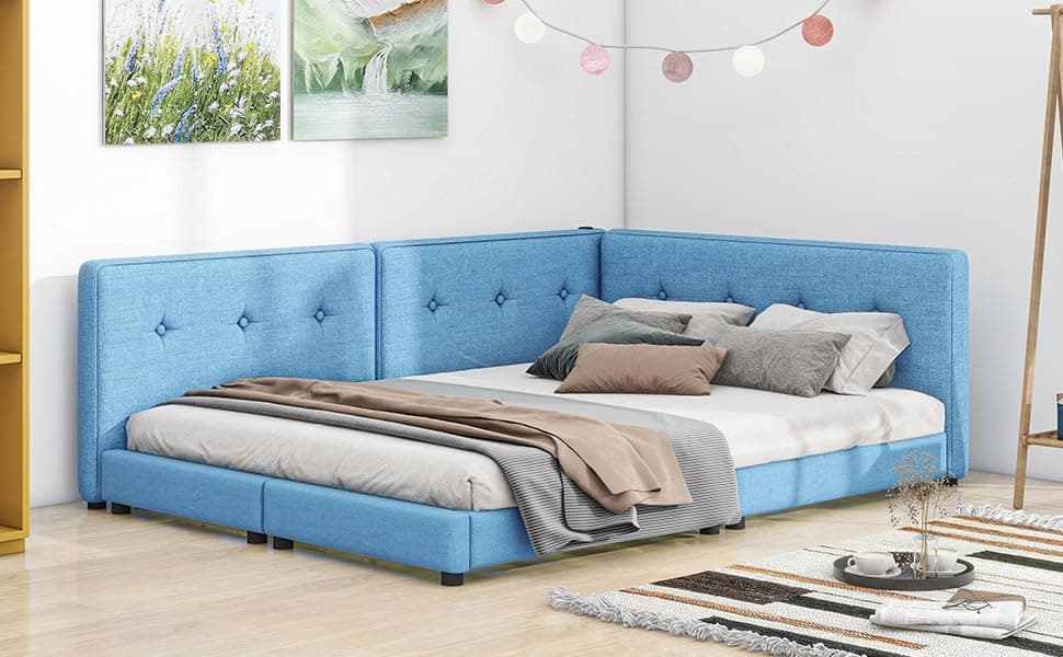 Wood Floor Bed Frame with USB Ports, Blue - Low Profile for Adults and Children up to 600 lbs.
