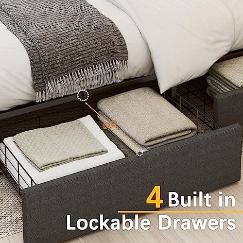 Dark Gray Queen Bed Frame with Storage Drawers and Adjustable Headboard
