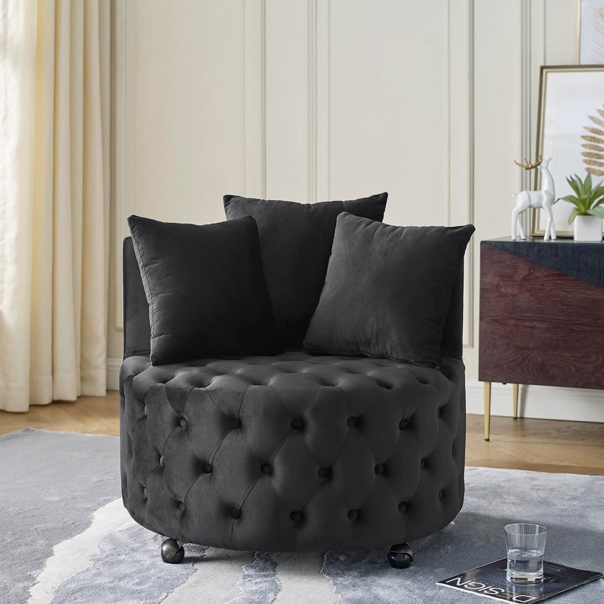 i-POOK Velvet Swivel Barrel Accent Chair with Button Tufted Design and 3 Pillows