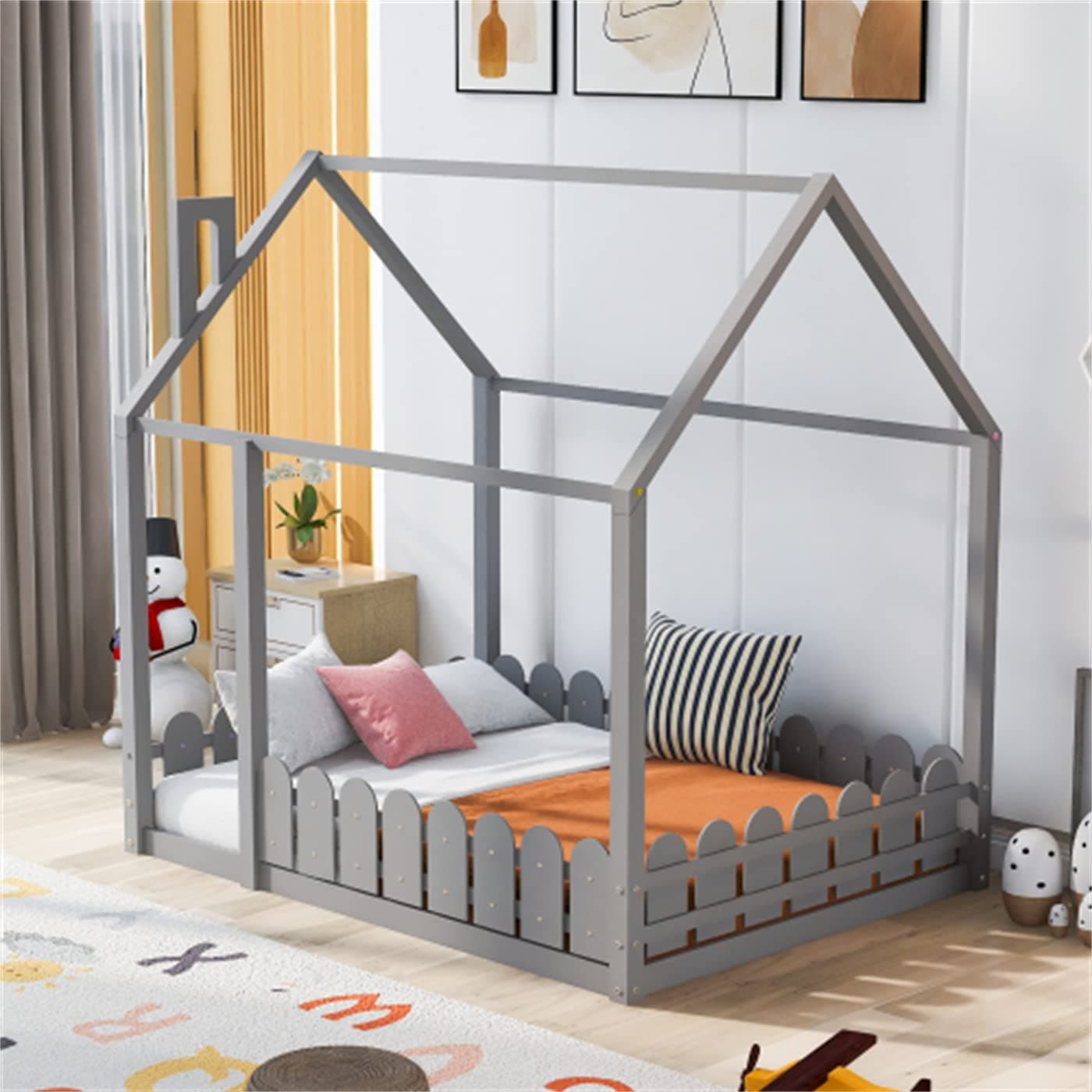 Wood House Bed Frame for Children with Fence & Roof, Full-Length Guardrail for Teens Girls Boys