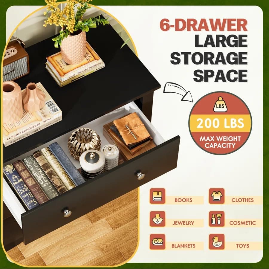 Homall Black 6 Drawer Wood Dresser for Bedroom & Living Areas