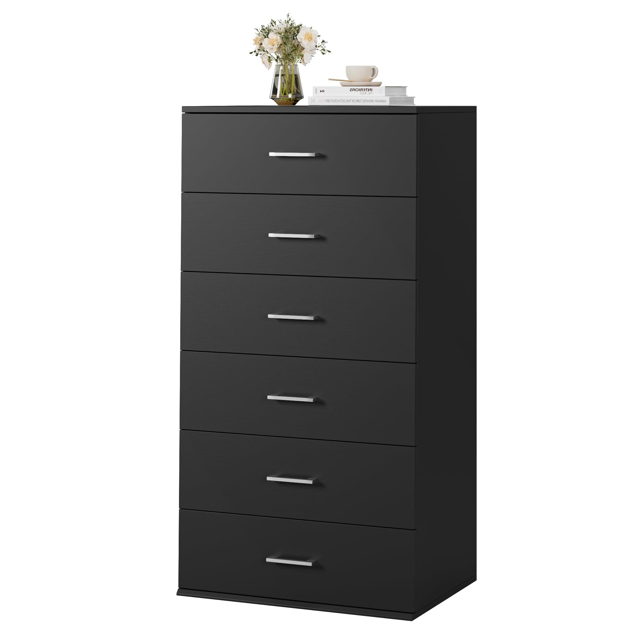 FOTOSOK Black Tall Dresser with 6 Drawers & Modern Handles