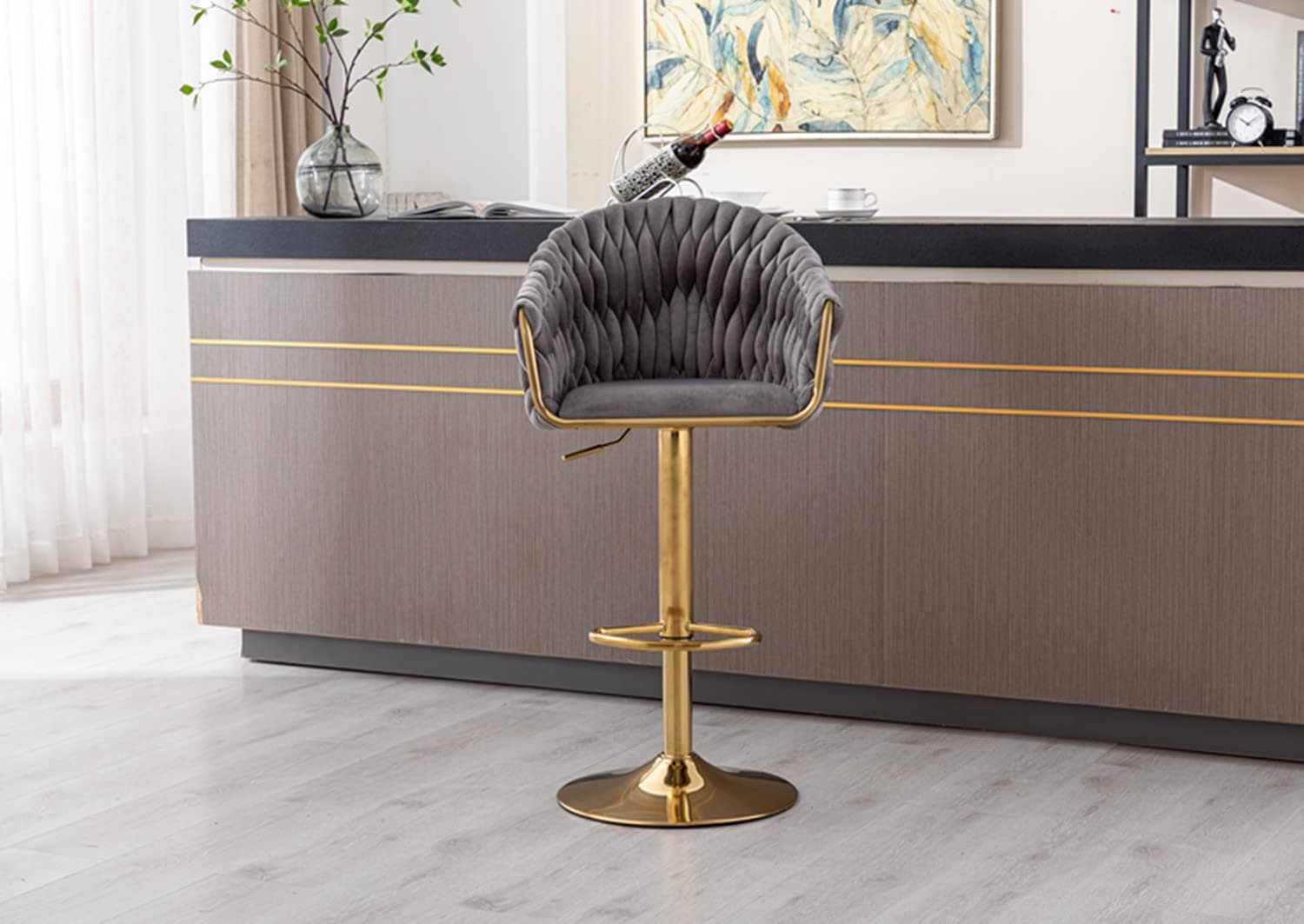 Swivel bar stools with footrest and back in vintage velvet upholstery, metal base, grey