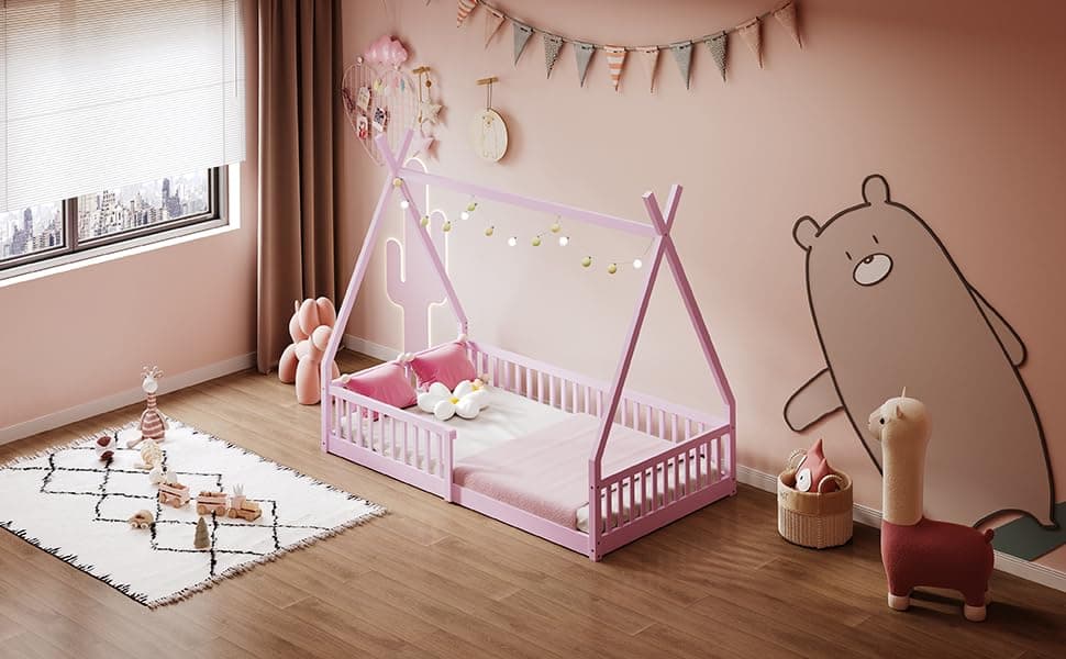 Montessori Twin Size Floor Bed with Fence, White