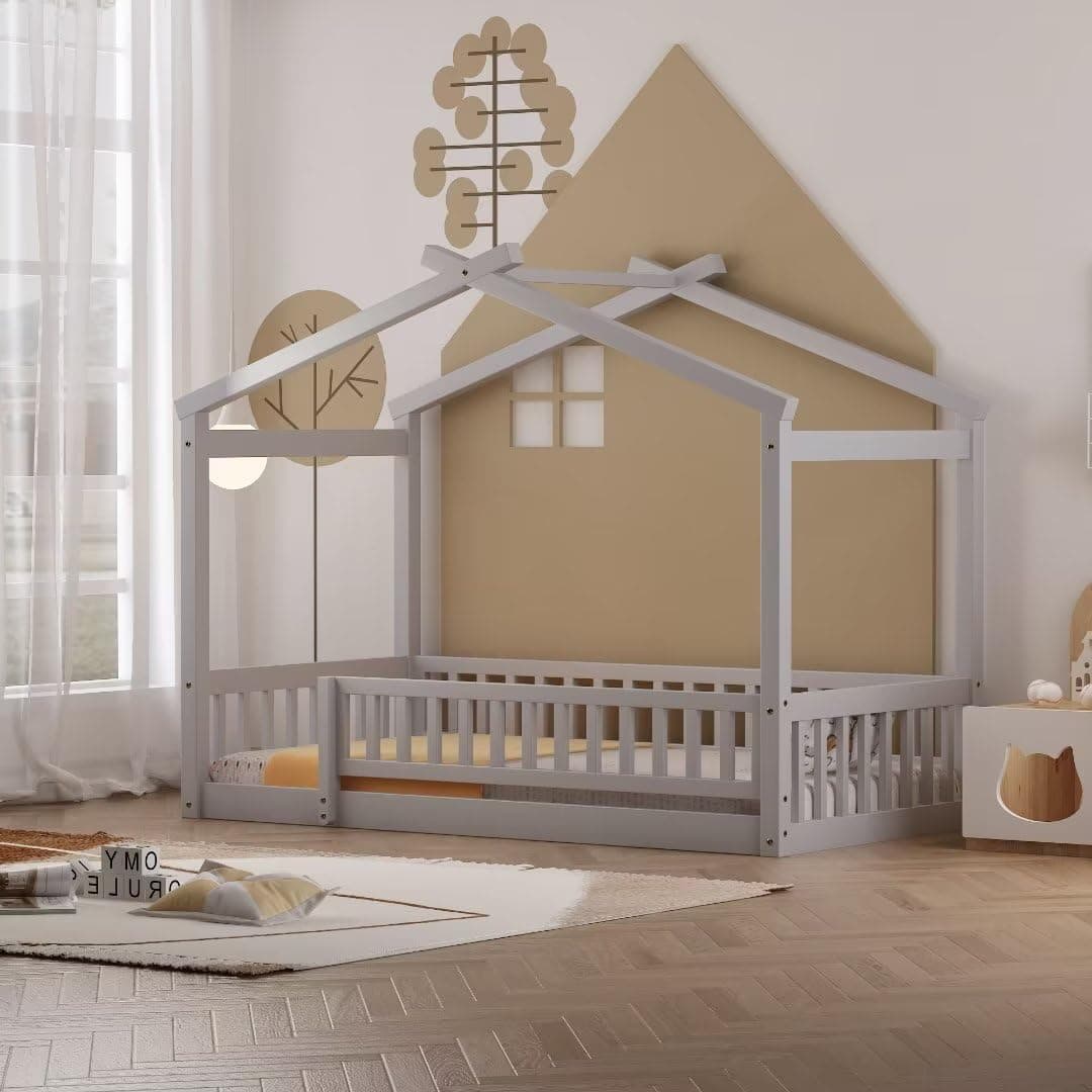 i-POOK Grey Wood Floor Bed with Fence & Roof for Kids