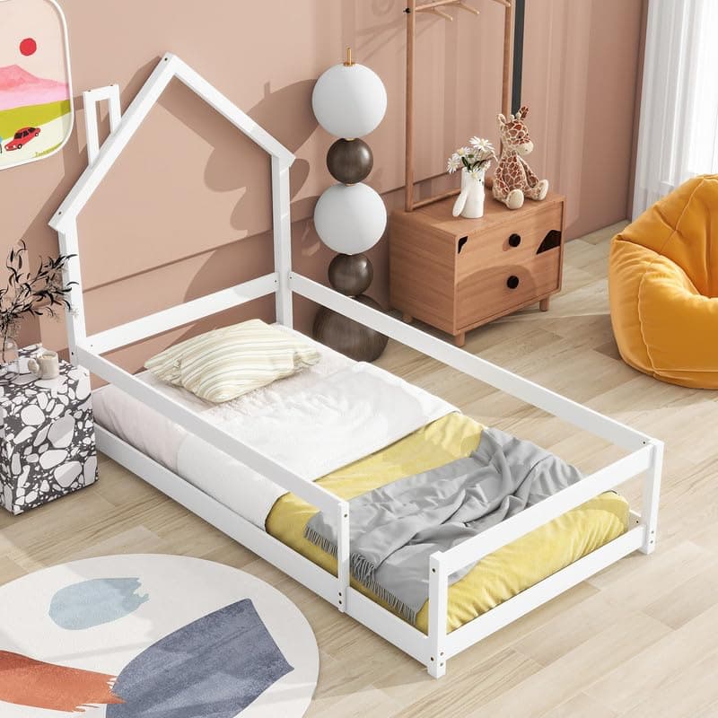 Simplified title: Pink Twin Montessori Floor Bed for Children - No Slats or Weight Limit