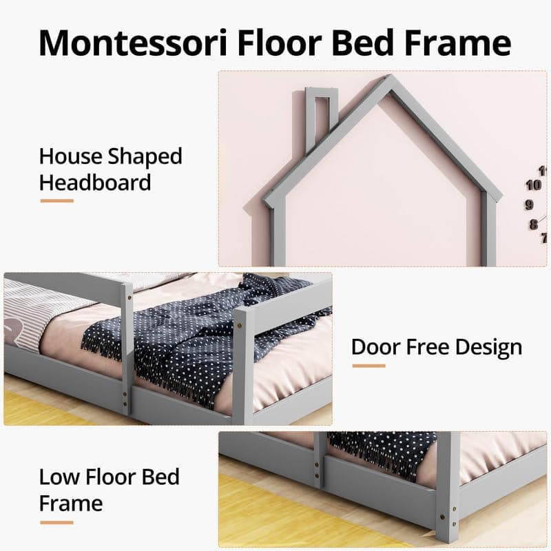 i-POOK Montessori Twin Size Floor Bed, Grey with Headboard & Guardrails