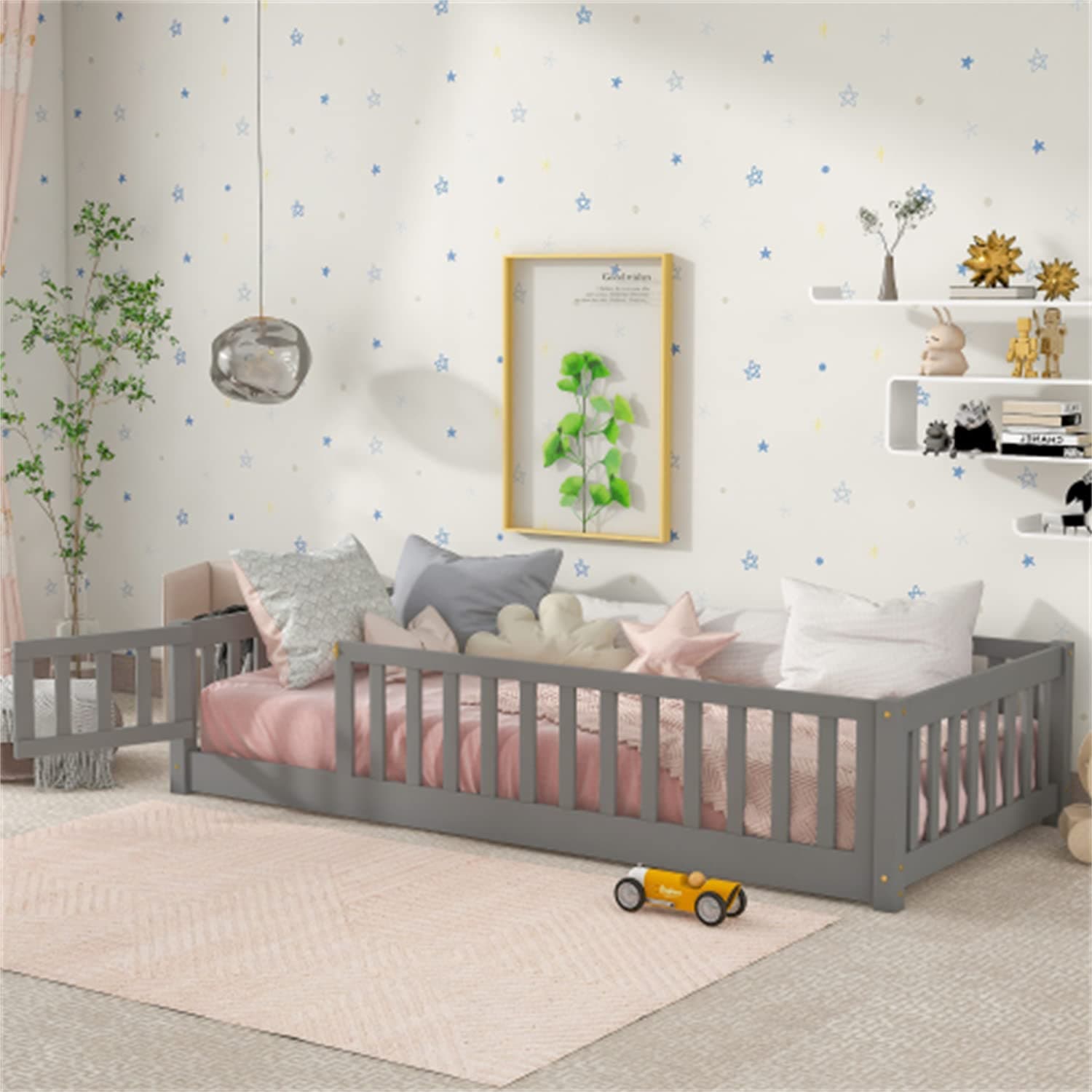 Solid Wood Montessori Floor Bed for Children with Safety Guardrails, Gray (Twin Size)