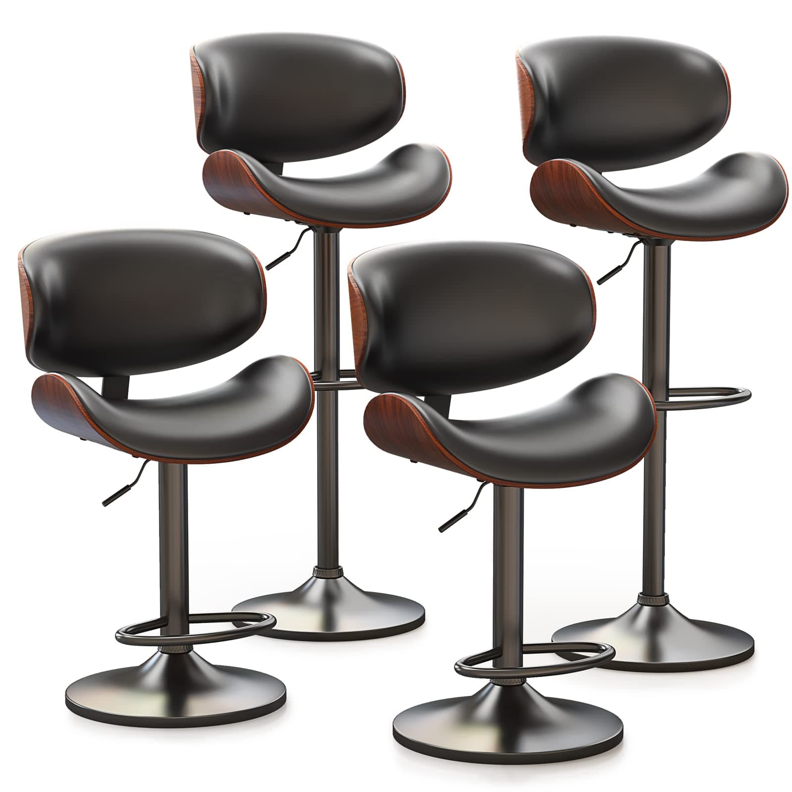 Bentwood Bar Stool Set, Adjustable Height with Footrest, PU Leather, Black Kitchen Bar Chairs