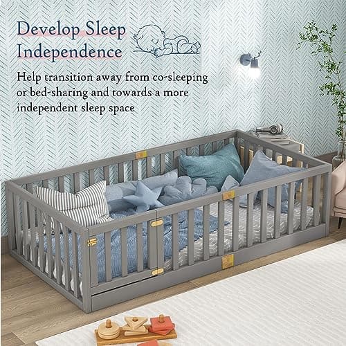 Twin Montessori Floor Bed with High Rails, Grey