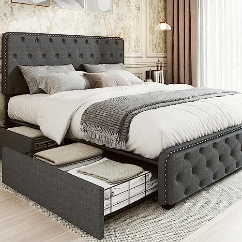 Dark Gray Queen Bed Frame with Storage Drawers and Adjustable Headboard