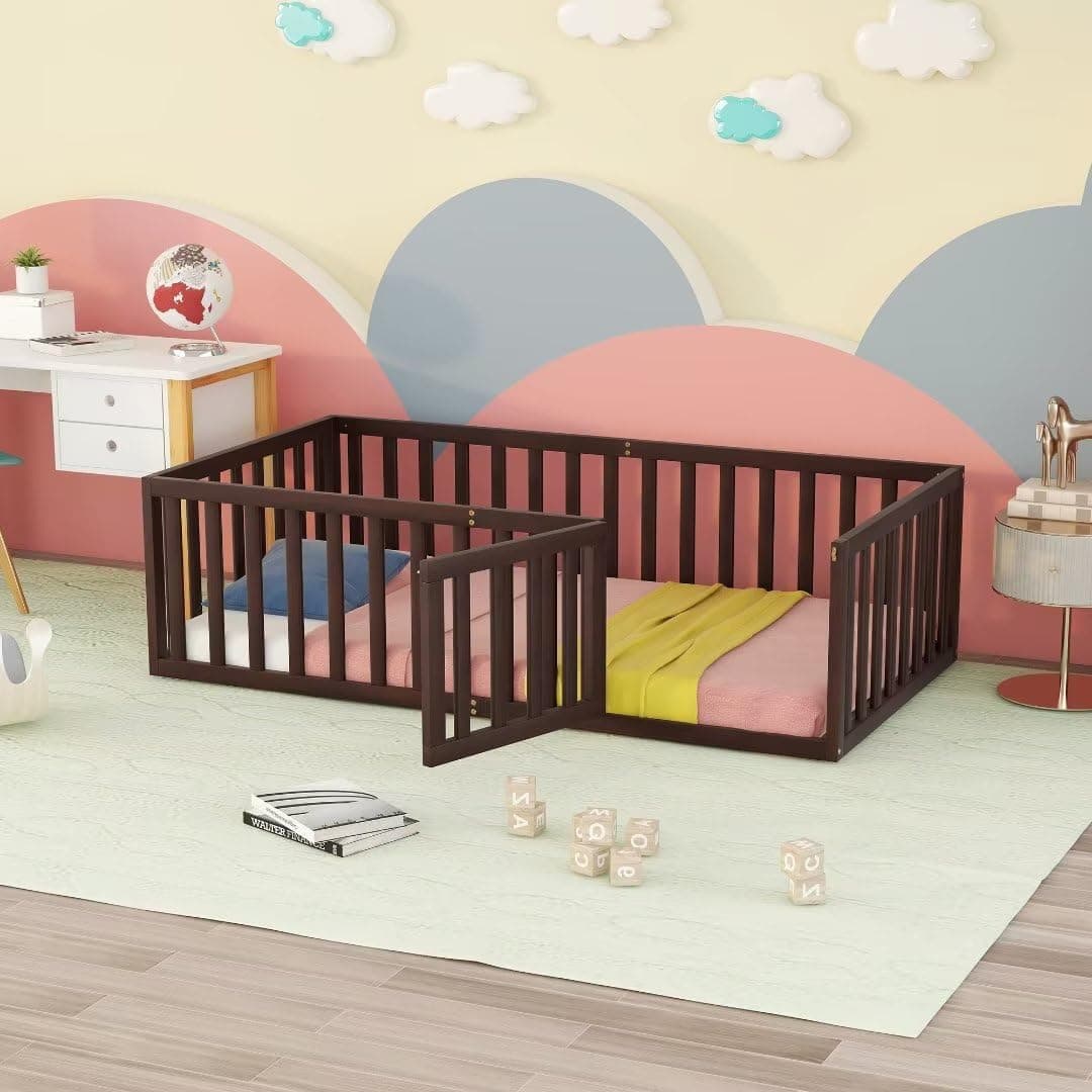 Twin Size Floor Bed with Fence and Door, Montessori Bed Frame for Boys and Girls