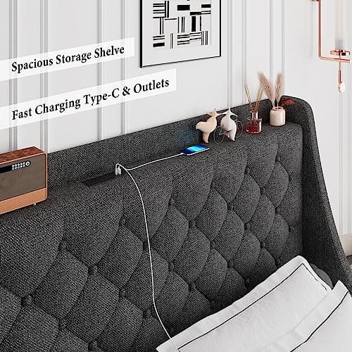 iPormis Dark Gray Queen Bed Frame with Storage Drawers & USB Ports