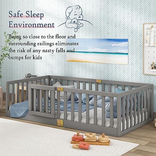 Twin Montessori Floor Bed with High Rails, Grey