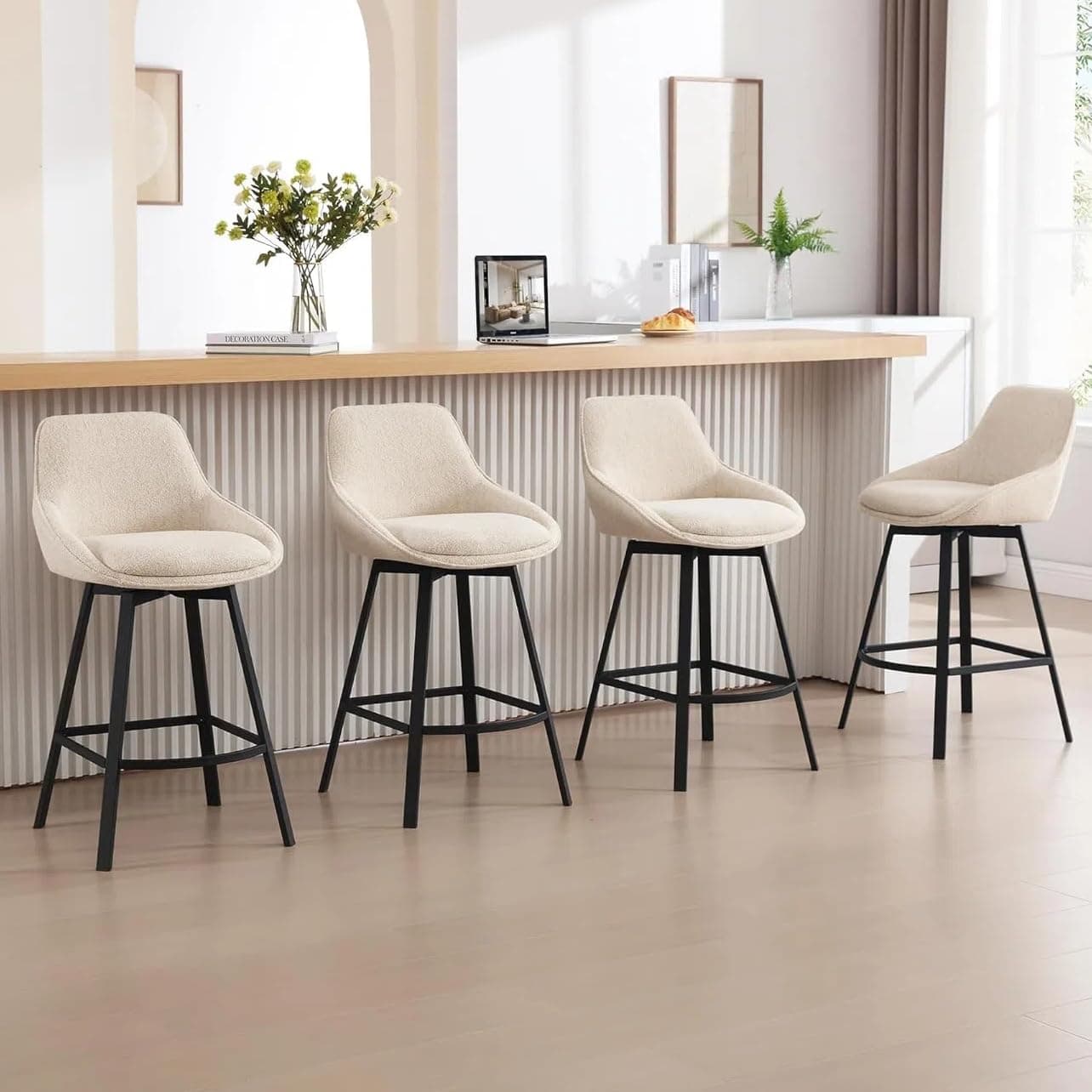 Zesthouse Set of 4 Modern Counter Height Bar Stools with Back, Beige Linen Upholstery