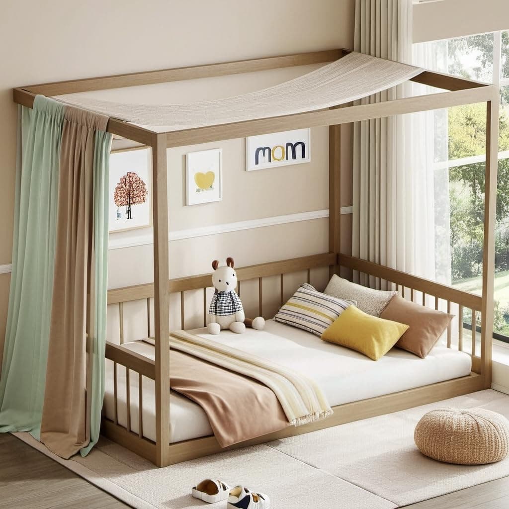Montessori Safety-Fenced Floor Bed for Girls & Boys, No Box Spring Needed,Natural
