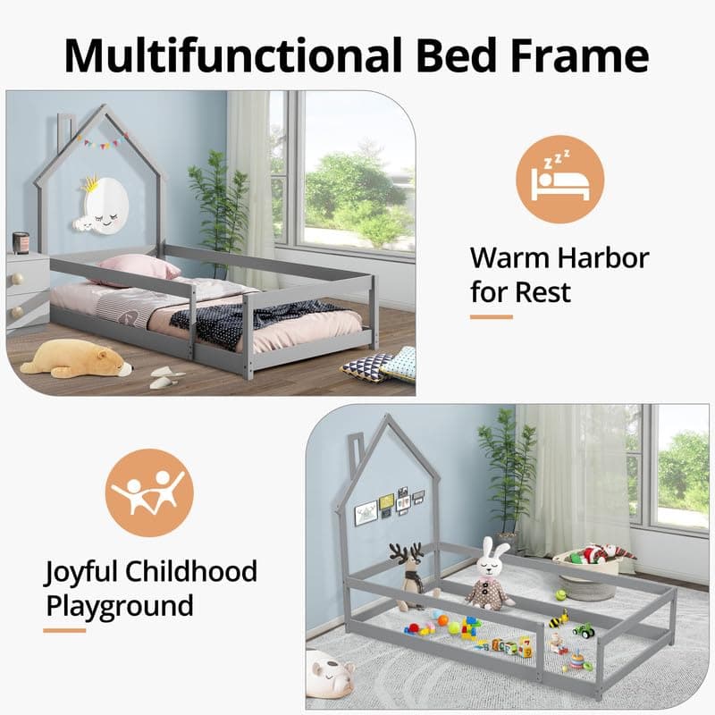 i-POOK Montessori Twin Size Floor Bed, Grey with Headboard & Guardrails