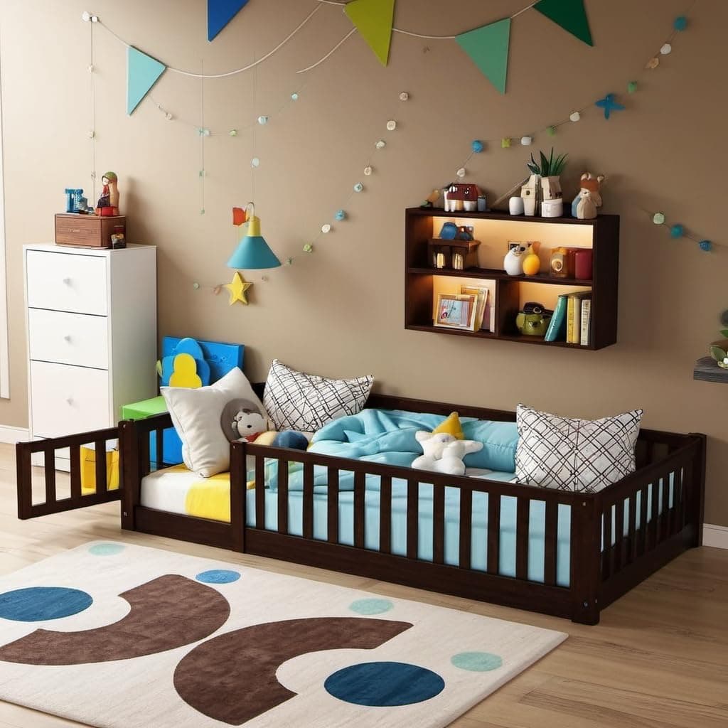 Twin Size Wood Montessori Bed with Convertible Door & Safety Guardrails for Kids, Espresso