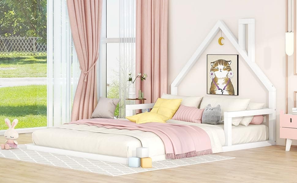 i-POOK White Wood Floor Bed with House-Shaped Headboard