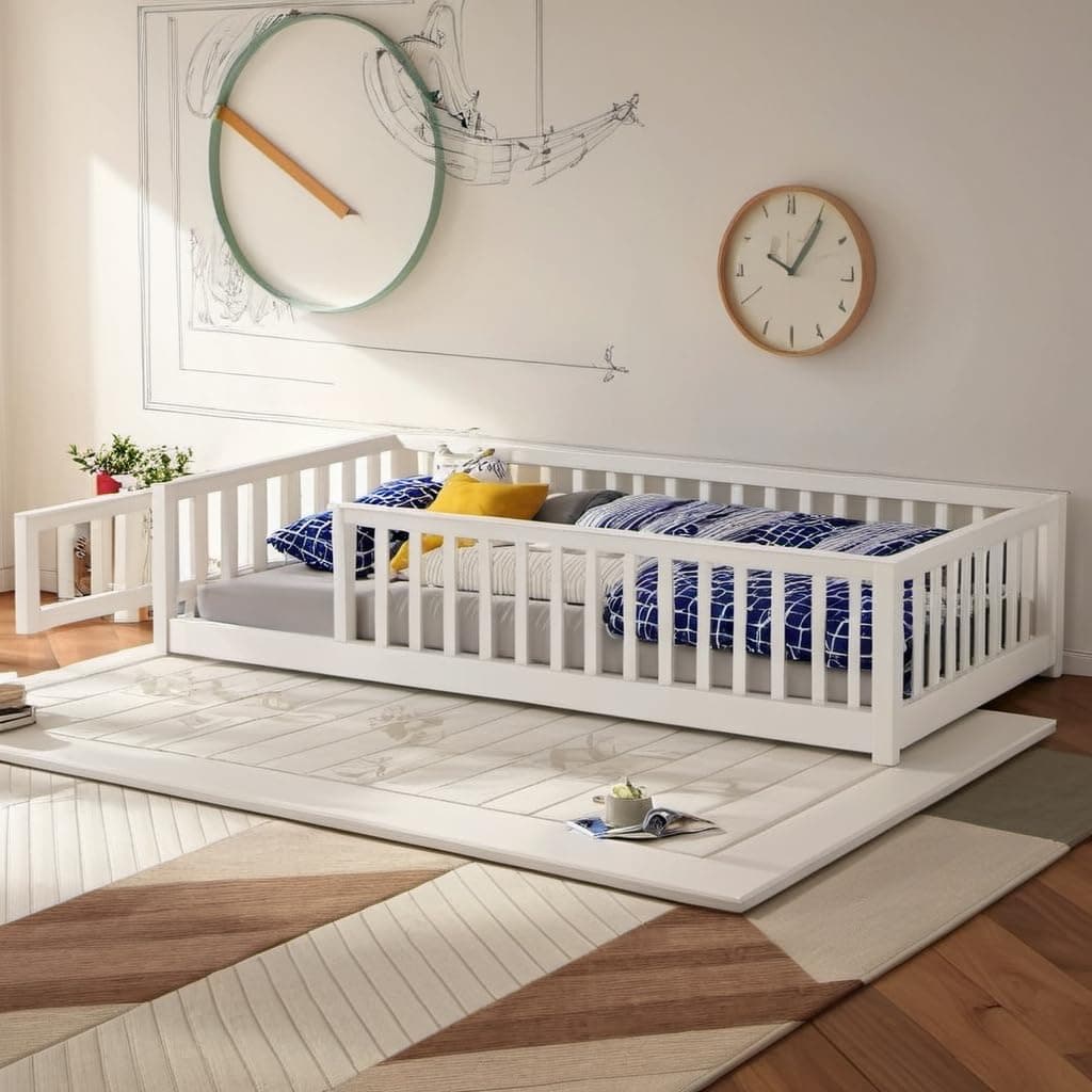 Twin Montessori Floor Bed with Convertible Door & Safety Rails, White