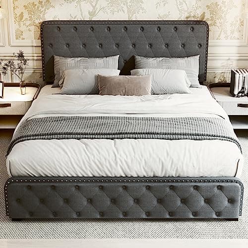 Dark Gray Queen Bed Frame with Storage Drawers and Adjustable Headboard