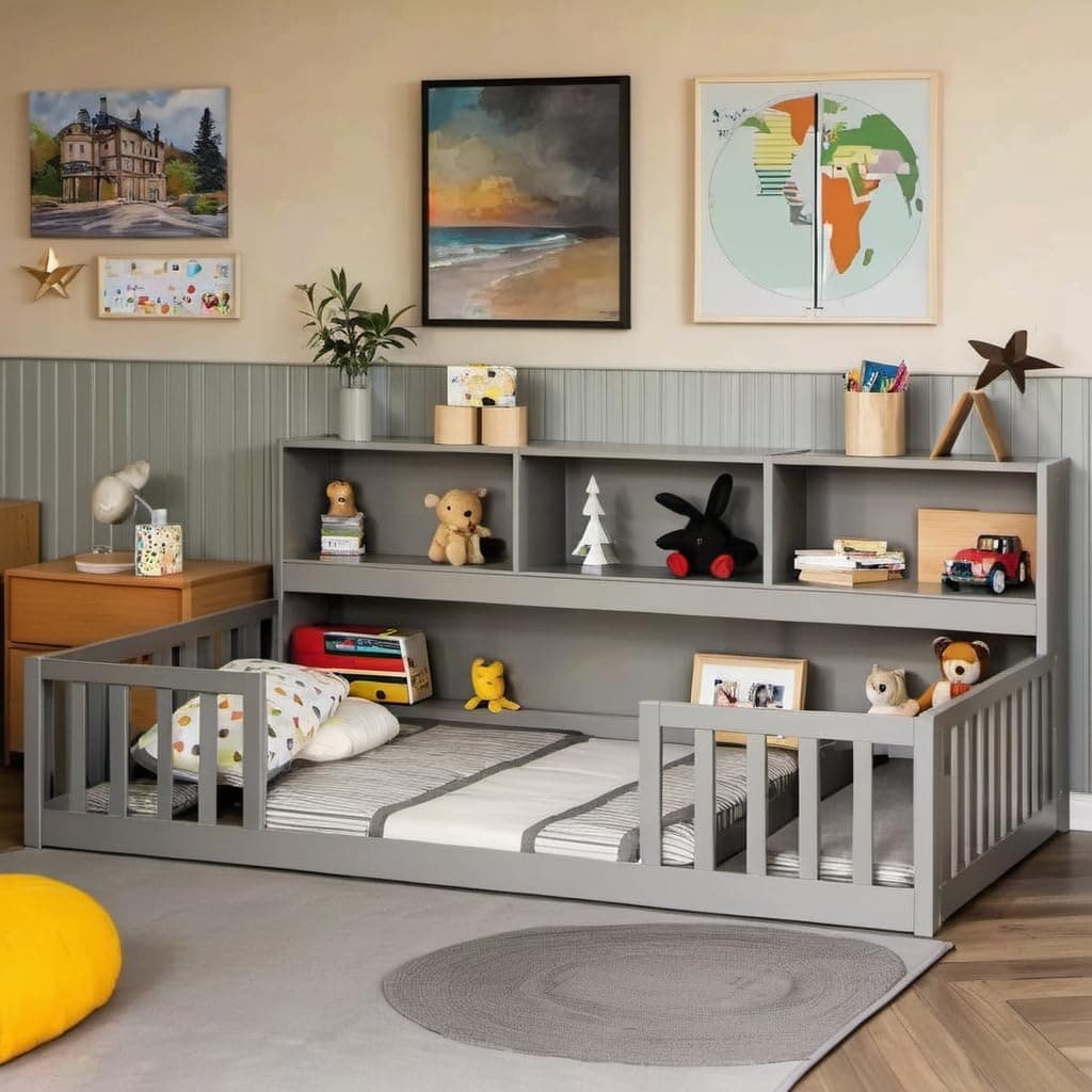 Grey Twin Montessori Floor Bed with Bookcase & Safety Guardrails