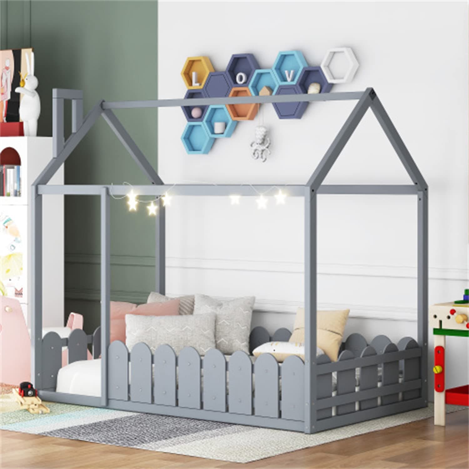 Wood House Bed Frame for Kids, Twin Size with Fence & Roof, Full-Length Guardrail, Gray