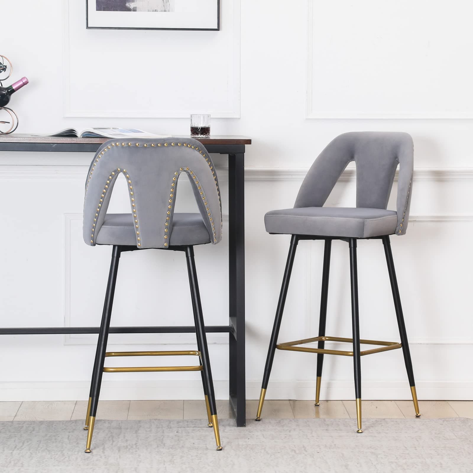 Modern Velvet Upholstered Barstools Set of 2 with Nailheads