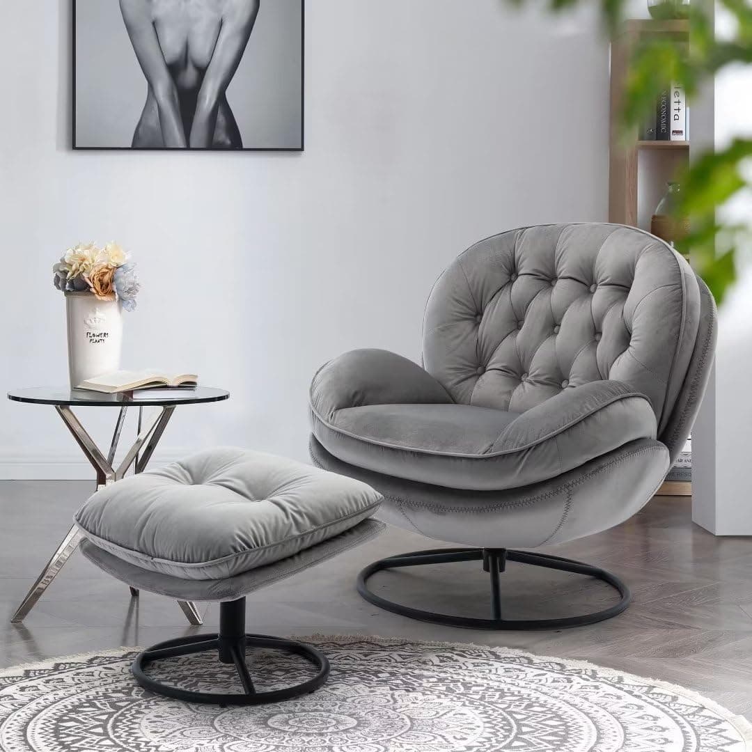 Modern Velvet Swivel Chair with Ottoman for Living Room, Gray