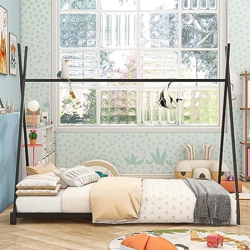 LUSPAZ Beige Queen Size Floor Bed with Shell Headboard and Vertical Seams