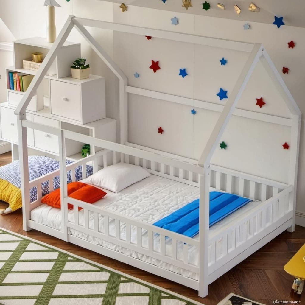 Montessori Floor Bed Frame with Roof & Fence, White, No Box Spring Needed