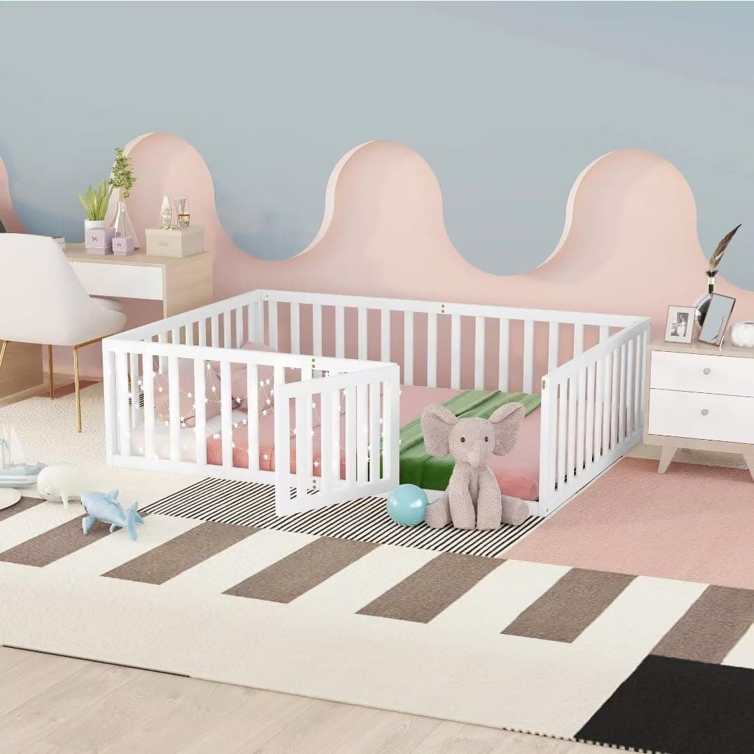 Full Size Montessori Floor Bed with Fence and Door, White Wood Daybed Frame
