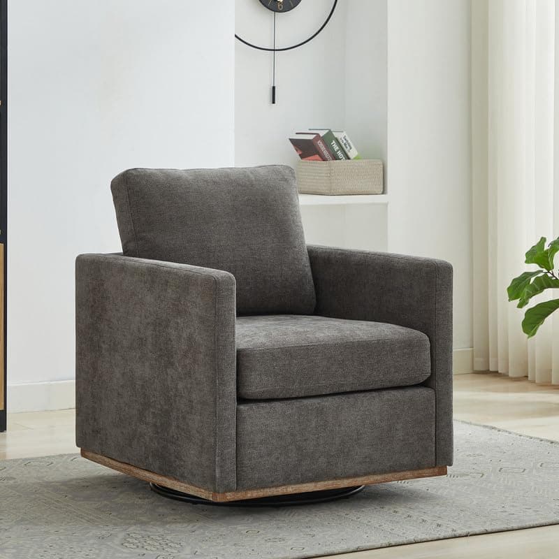 360 Degree Swivel Chenille Accent Chair Set, Mid Century Modern Charcoal Black Barrel Chairs for Living Room & Bedroom