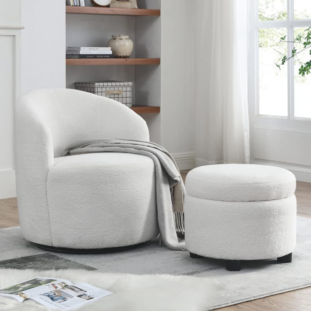 Swivel Barrel Chair with Storage Ottoman in White