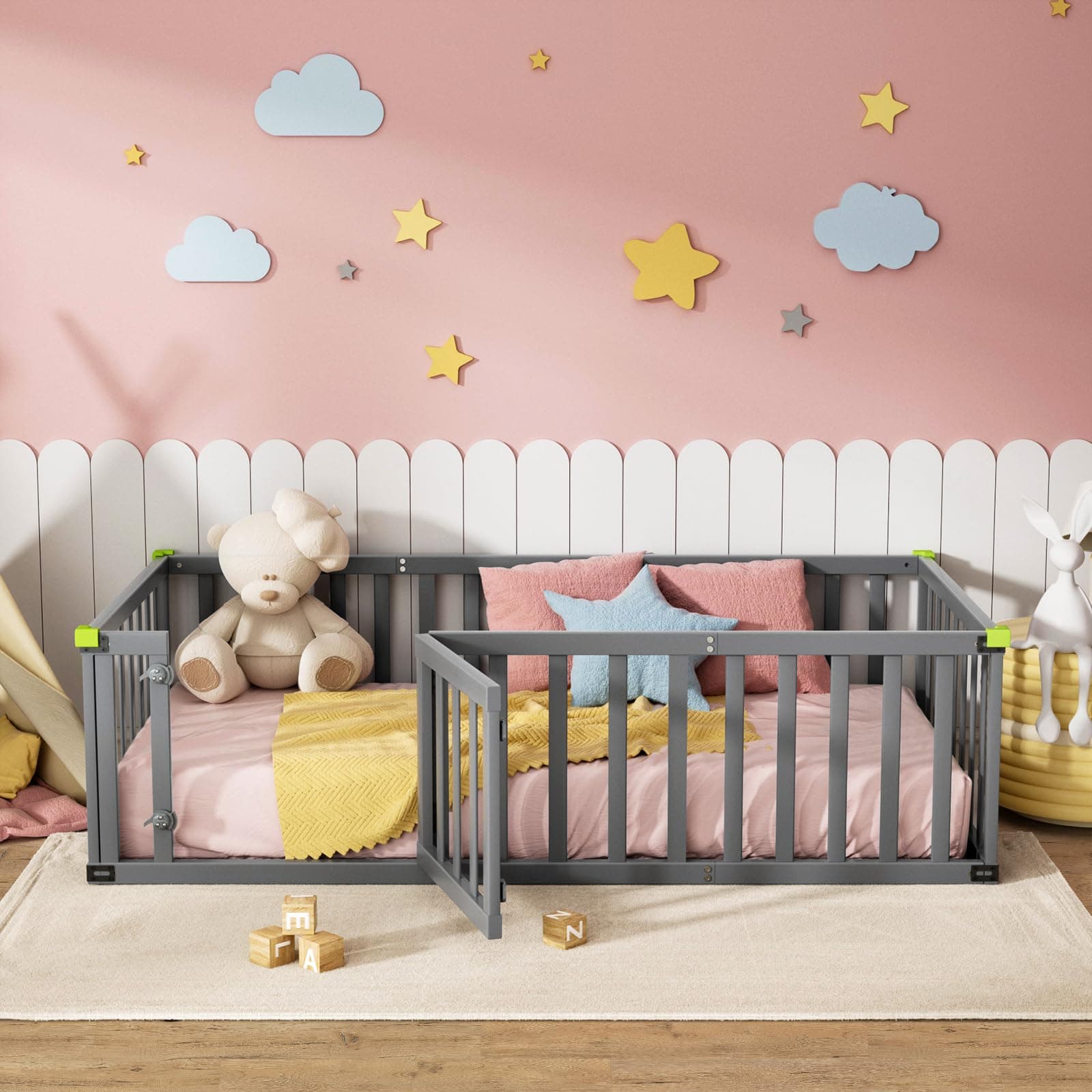 ROOMTEC Montessori Twin Beds with Safety Fence & Convertible Door, Grey